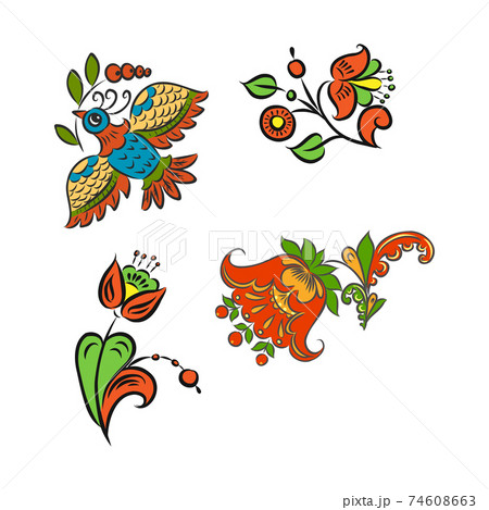 traditional european ukrainian ornament. rustic floral wedding composition. rural folk style flower element. western europe folk motif. russian folk flower, vector sketch on a white background 74608663