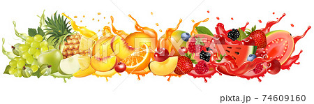 Fruit in juice splash panorama. Strawberry, raspberry, blueberry, blackberry, orange, guava, watermelon, pineapple, mango, peach. Vector. Fruit in juice splash panorama. Strawberry, raspberry, blueberry, blackberry, orange, guava, watermelon, pineapple, mango, peach. Vector. 74609160