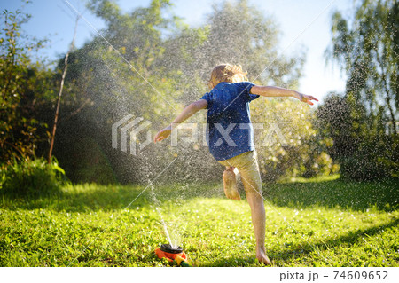 Funny little boy playing with garden sprinkler in sunny backyard.  74609652