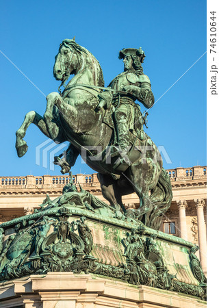 Statue of Prince Eugene of Savoy in front of Hofburg Palace in Vienna, Austria, sunny day, blue sky Statue of Prince Eugene of Savoy in front of Hofburg Palace in Vienna, Austria, sunny day, blue sky 74610644