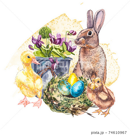 Easter set and template clip art with Easter eggs, flowers, animals, easter cake, birds nest on white background. Watercolor illustrations. Easter set and template clip art with Easter eggs, flowers, animals, easter cake, birds nest on white background. Watercolor illustrations. 74610967