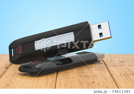 USB flash drive on the wooden planks, 3D rendering 74611385