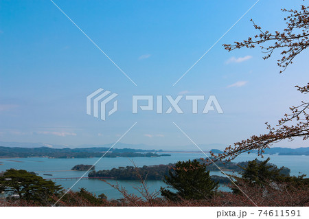 日本三景松島の展望台「西行戻しの松公園」から見た松島湾 日本三景松島の展望台「西行戻しの松公園」から見た松島湾 74611591