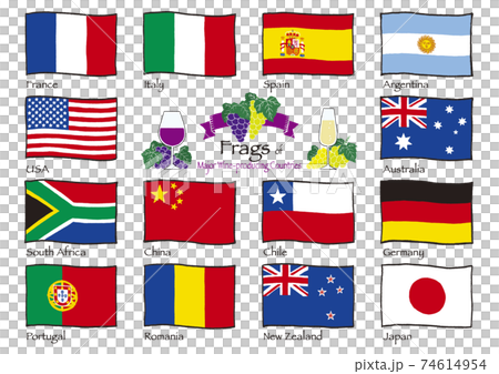 風にはためく代表的なワイン産地国の国旗の手描きイラスト 風にはためく代表的なワイン産地国の国旗の手描きイラスト 74614954