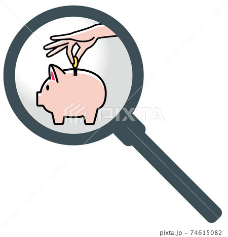 虫眼鏡拡大鏡かわいいブタ豚の貯金箱と貯金する手のイラスト 貯金 節約のイメージ ベクターデータのイラスト素材