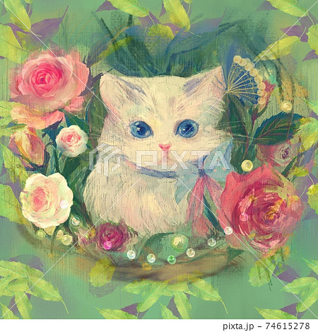 薔薇と真珠のボタニカルアートとふわふわのかわいい白い子猫の手描きパターンイラストのイラスト素材