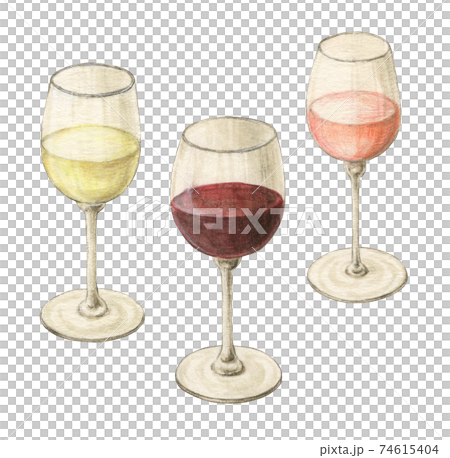 グラスワイン(赤・白・ロゼ）　手描き水彩色えんぴつ画 74615404