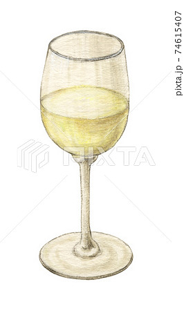 白ワインの入ったワイングラス　手描き水彩色えんぴつ画 74615407
