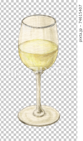 白ワインの入ったワイングラス　手描き水彩色えんぴつ画 74615407