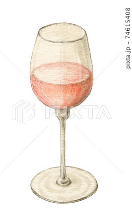 ロゼワインの入ったワイングラス　手描き水彩色えんぴつ画 74615408