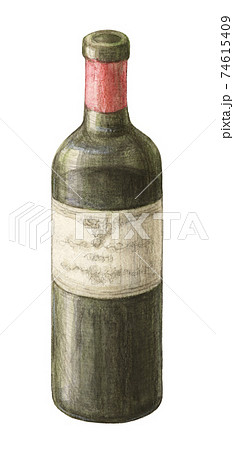 飲みかけの赤ワインボトル 手描き水彩色えんぴつ画のイラスト素材