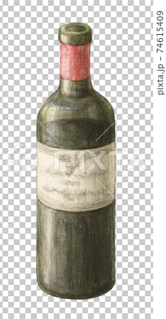 飲みかけの赤ワインボトル 手描き水彩色えんぴつ画のイラスト素材