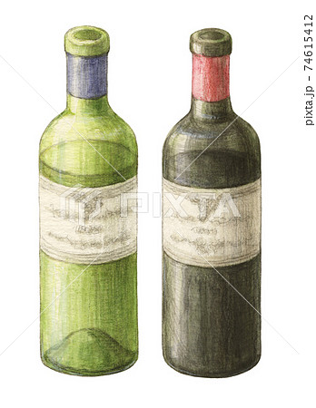 飲みかけの赤白ワインボトル 手描き水彩色えんぴつ画のイラスト素材