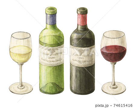 赤ワインと白ワイン 手描き水彩色えんぴつ画のイラスト素材