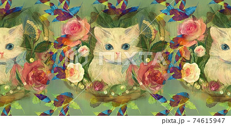 薔薇と真珠のボタニカルアートとふわふわのかわいい白い子猫の手描きパターンイラストのイラスト素材