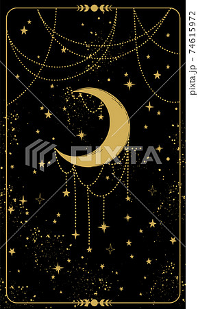 Tarot card with crescent moon and stars. Magic card, boho style design, engraving, witch cover. Golden mystical hand drawing on a black cosmic background. Vector illustration. 74615972