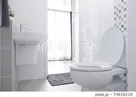 Bathroom interior with white round sink and chrome faucet in a modern bathroom with a toilet and shower. 74616219