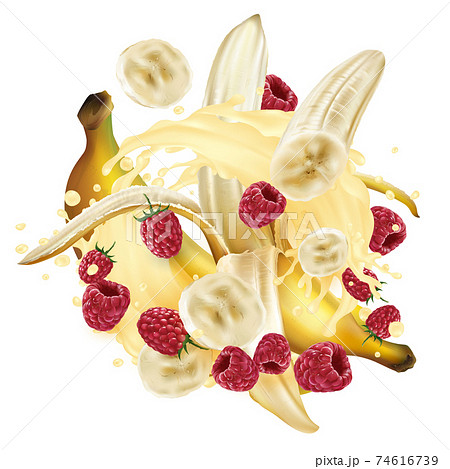 Bananas and raspberries and a splash of milkshake or yogurt. Bananas and raspberries and a splash of milkshake or yogurt. 74616739