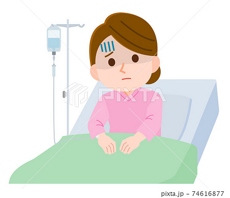 入院 点滴を受ける不安な女性入院患者 イラストのイラスト素材
