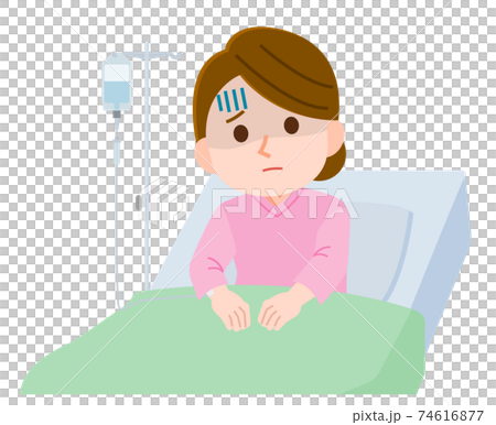 入院 点滴を受ける不安な女性入院患者 イラストのイラスト素材