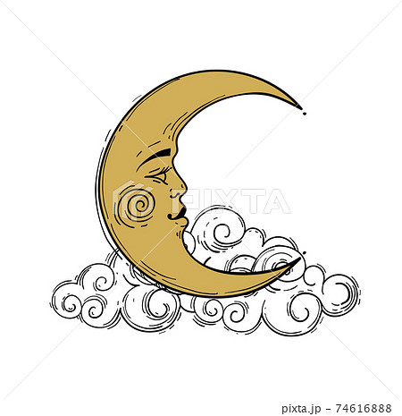 Crescent Moon With Face Stylized Drawing Gold のイラスト素材