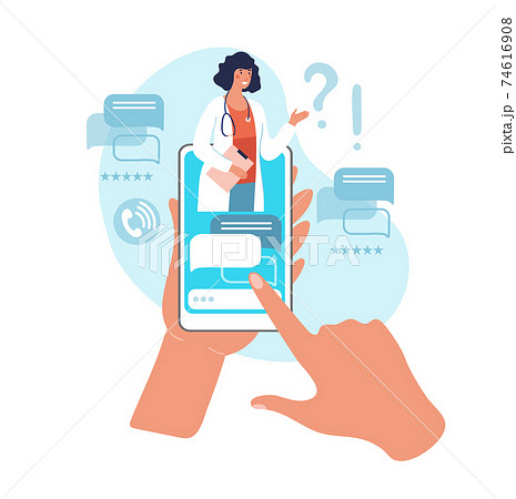 Online consultation with a doctor. Reception at the hospital for a video call, hands holding a smartphone with a woman doctor with a stethoscope on the screen. Flat vector illustration. 74616908