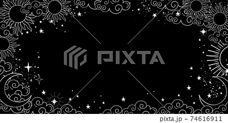 A mystical heavenly black banner with copy space, moon, sun, and stars. Space background with place for text. Blank for astrology, fortune-telling, boho parties. Vector illustration. A mystical heavenly black banner with copy space, moon, sun, and stars. Space background with place for text. Blank for astrology, fortune-telling, boho parties. Vector illustration. 74616911
