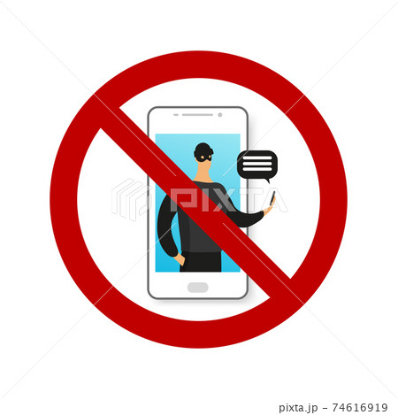 Online phone scam. Prohibition sign. Male character commits a crime, illegal action using the phone. Social Engineering. Modern vector illustration isolated on white background Online phone scam. Prohibition sign. Male character commits a crime, illegal action using the phone. Social Engineering. Modern vector illustration isolated on white background 74616919