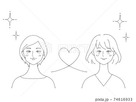 女性同士のカップルのイラスト 白背景 ベクター 切り抜き 線画 のイラスト素材