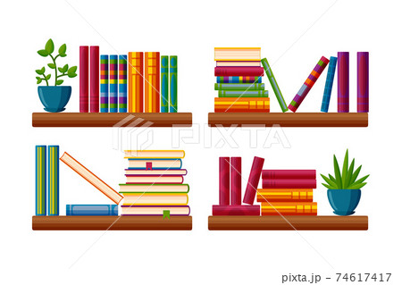 Shelf with book piles and plants. Collection of classroom books and a potted plants in cartoon style. Vector illustration 74617417