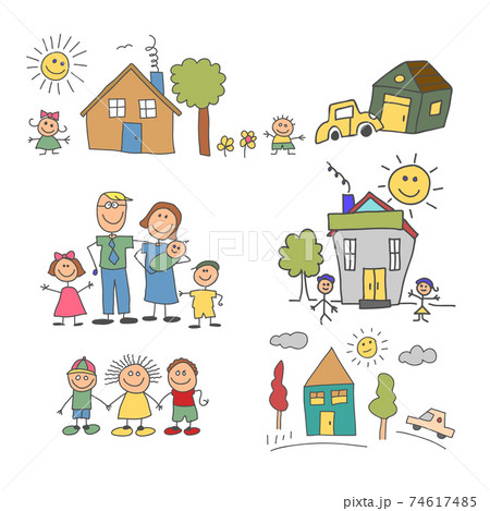 set of element happy family doodle colorful. Family life and household set 74617485