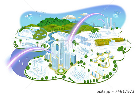 ネットワークで繋がった都市と生活の町並みイラスト　バリエーションあり 74617972
