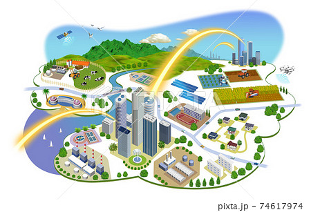 ネットワークで繋がった都市と生活の町並みイラスト　バリエーションあり 74617974