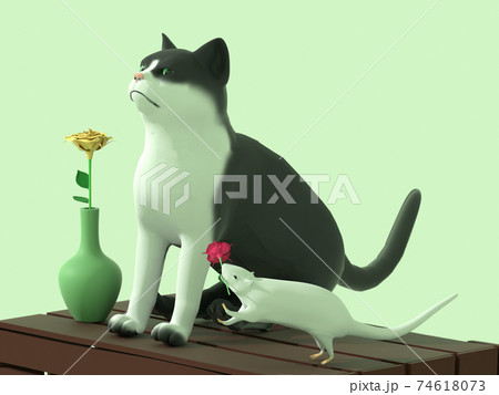 花を飾って猫と遊ぶネズミのイラスト素材