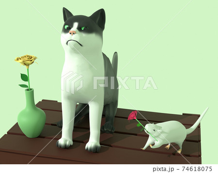 花を飾って猫と遊ぶネズミ 花を飾って猫と遊ぶネズミ 74618075