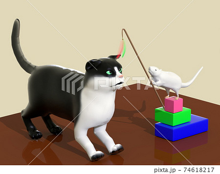 おもちゃで猫と遊ぶネズミのイラスト素材