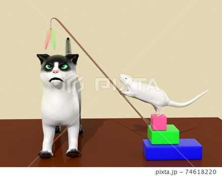 おもちゃで猫と遊ぶネズミ おもちゃで猫と遊ぶネズミ 74618220