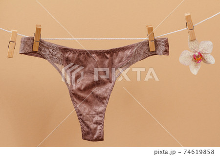 Beautiful women's cotton panties on beige background. Beautiful women's cotton panties on beige background. 74619858