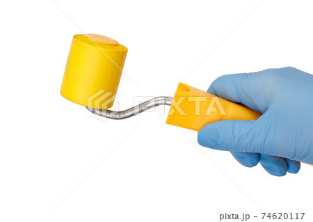 Woman holding roller on a white isolated background. Repair tool. Woman holding roller on a white isolated background. Repair tool. 74620117
