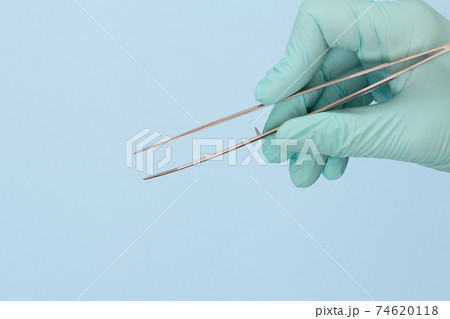 Dentist's hand with tweezers on blue background.. Dentist's hand with tweezers on blue background.. 74620118