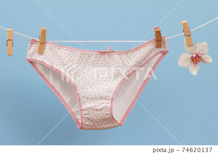 Beautiful women's cotton panties on blue background. Beautiful women's cotton panties on blue background. 74620137