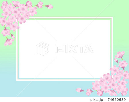 四角フレーム パステルグリーンと水色のグラデーションの背景 桜のあしらいのイラスト素材 7466