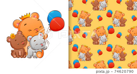 The seamless hand drawing of the three bears with the different color playing the balloons 74620790