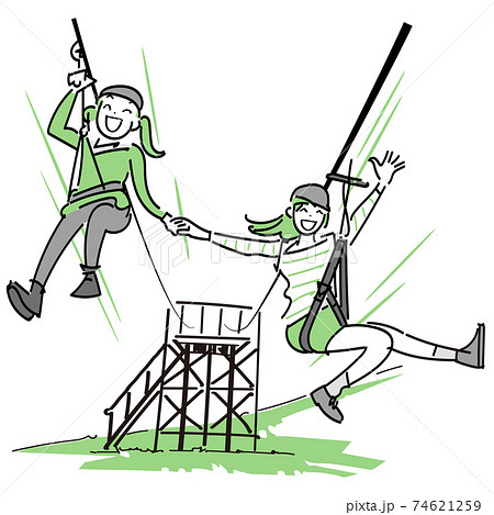 ジップライン 滑車を用いた遊具で遊ぶ子供2人のイラスト素材