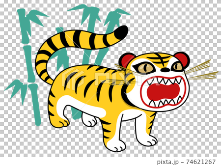 お土産物の張り子の虎と背景に竹 74621267