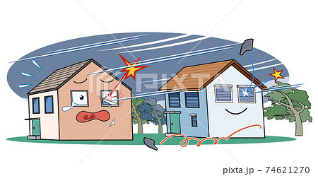 暴風の中で窓が壊れる家と、シャッターがあることで無事な家 74621270