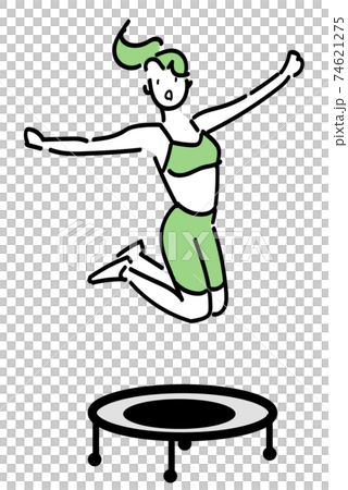 A woman taking various postures in the air on a trampoline 74621275