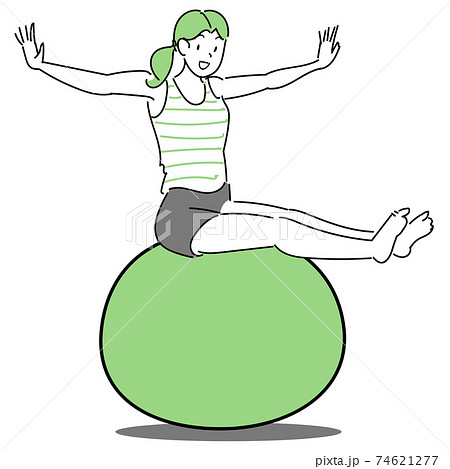 バランスボールに乗って姿勢を保っている女性のイラスト素材