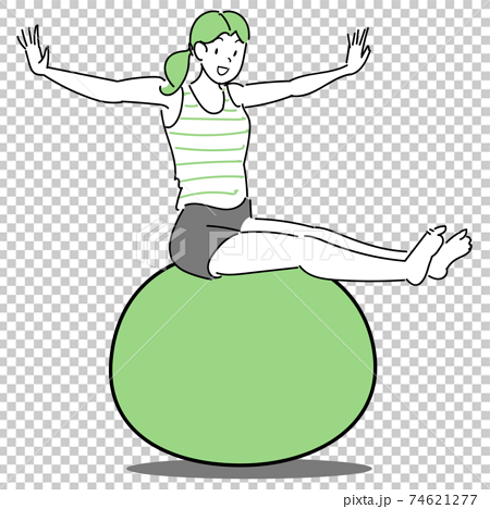 バランスボールに乗って姿勢を保っている女性のイラスト素材