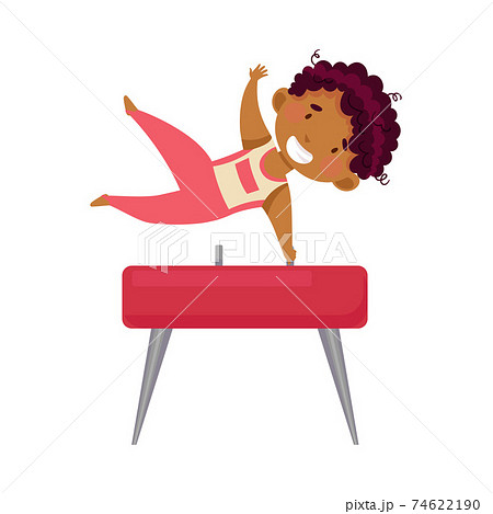 Beaming African American Boy Doing Gymnastics Vaulting on Pommel Horse Vector Illustration 74622190
